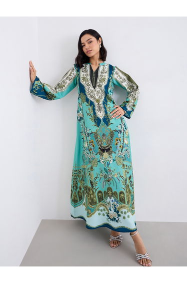 Women Green Maxi Jalabiya with Matching Scarf