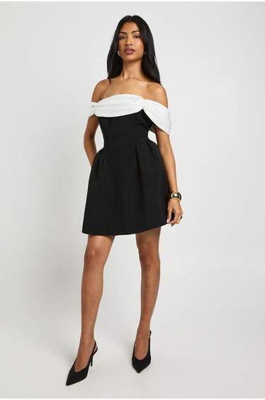 Contrast Drape Detail Mini Skater Dress