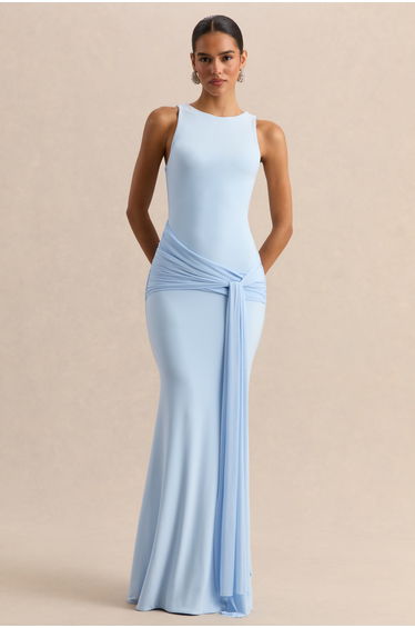 Mirene | Powder Blue Round-Neck Maxi-Dress With Gathered-Detailing And Sash