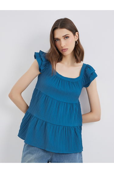 Texture Ruffled Sleeve Square Neck Top