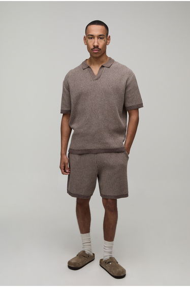Relaxed Cotton Blend V Neck Polo and Short Knitted Set - taupe