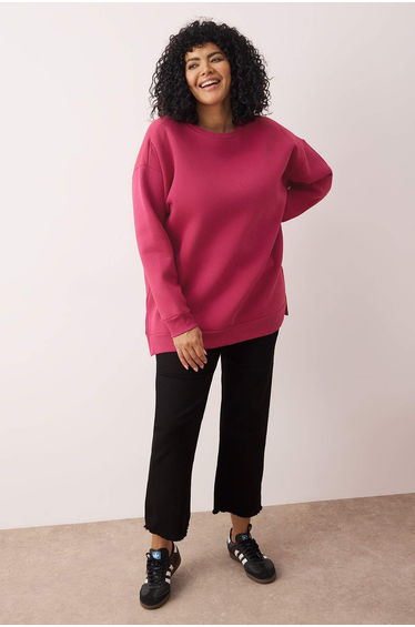 Fuchsia Thick Fleece Slit Oversize Knitted Sweatshirt