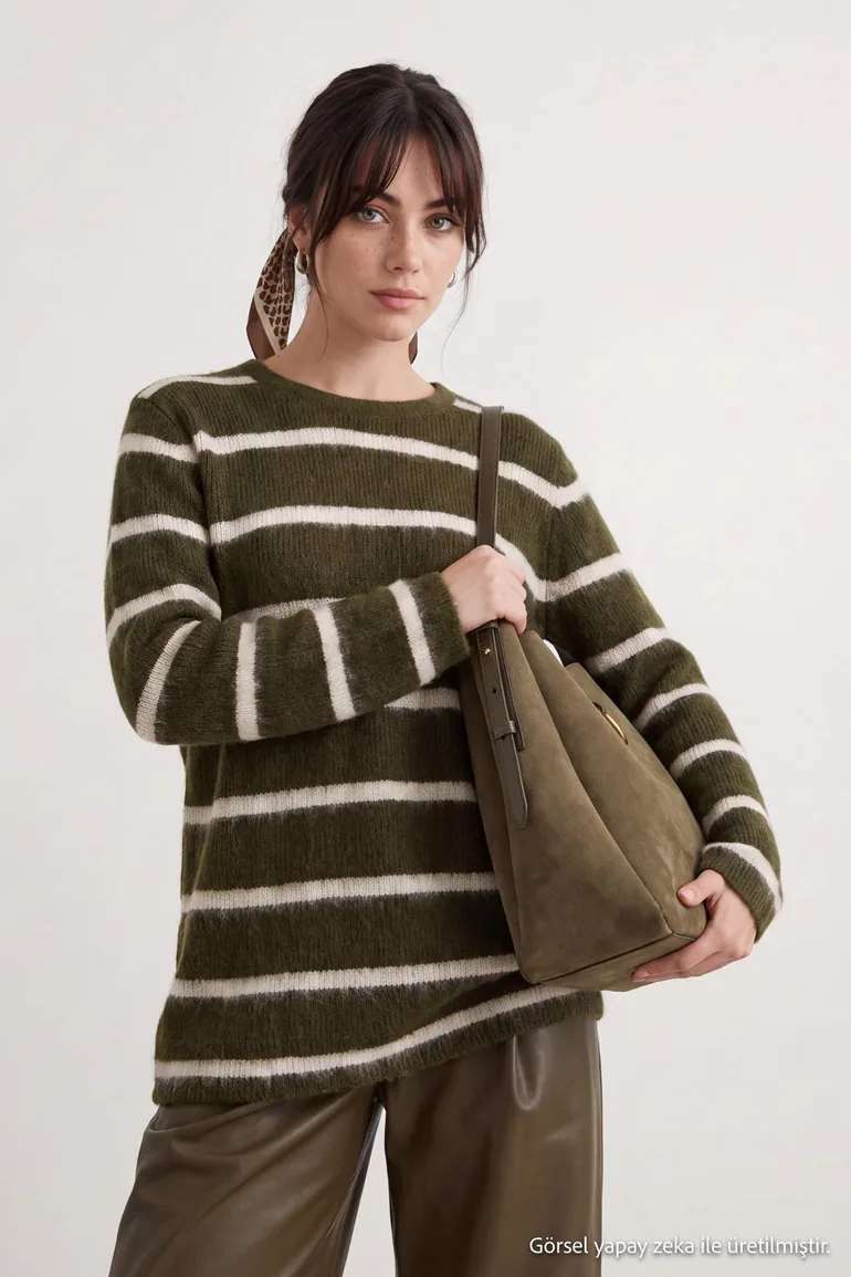 Light Khaki Striped Soft Textured Knitwear Sweater - 1
