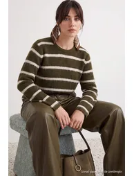Light Khaki Striped Soft Textured Knitwear Sweater