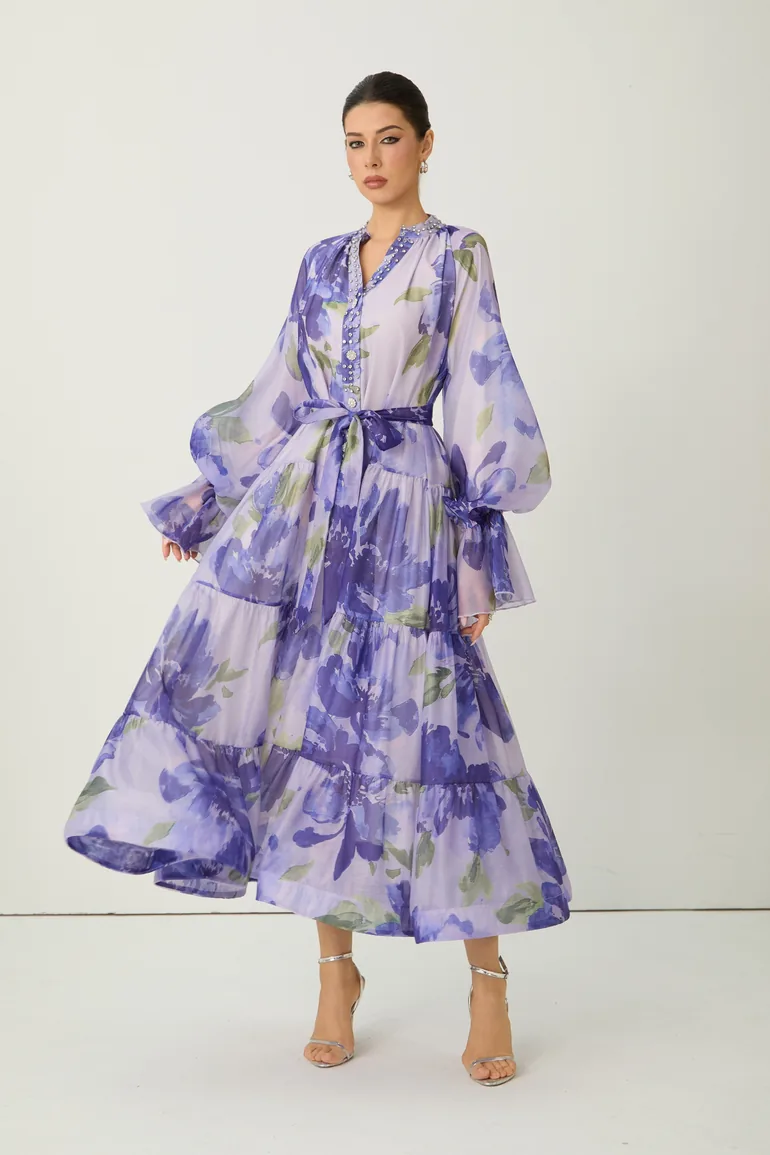 Dreaming Of Elegance Purple Floral Print Tiered Maxi Dress
