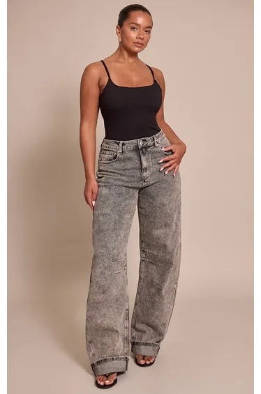 Shape Ash Grey Highwaisted Stretch Denim Barrel Leg Turn Up Hem Jean