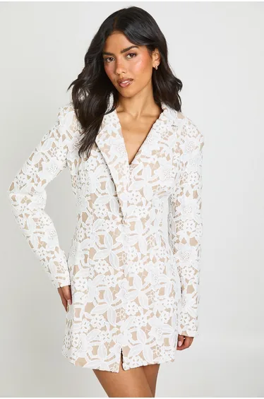 Premium Lace Fitted Blazer Dress - ivory