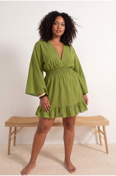Oil Green Double-Breasted Collar Skirt Ruffled Woven Plus Size Beach Dress