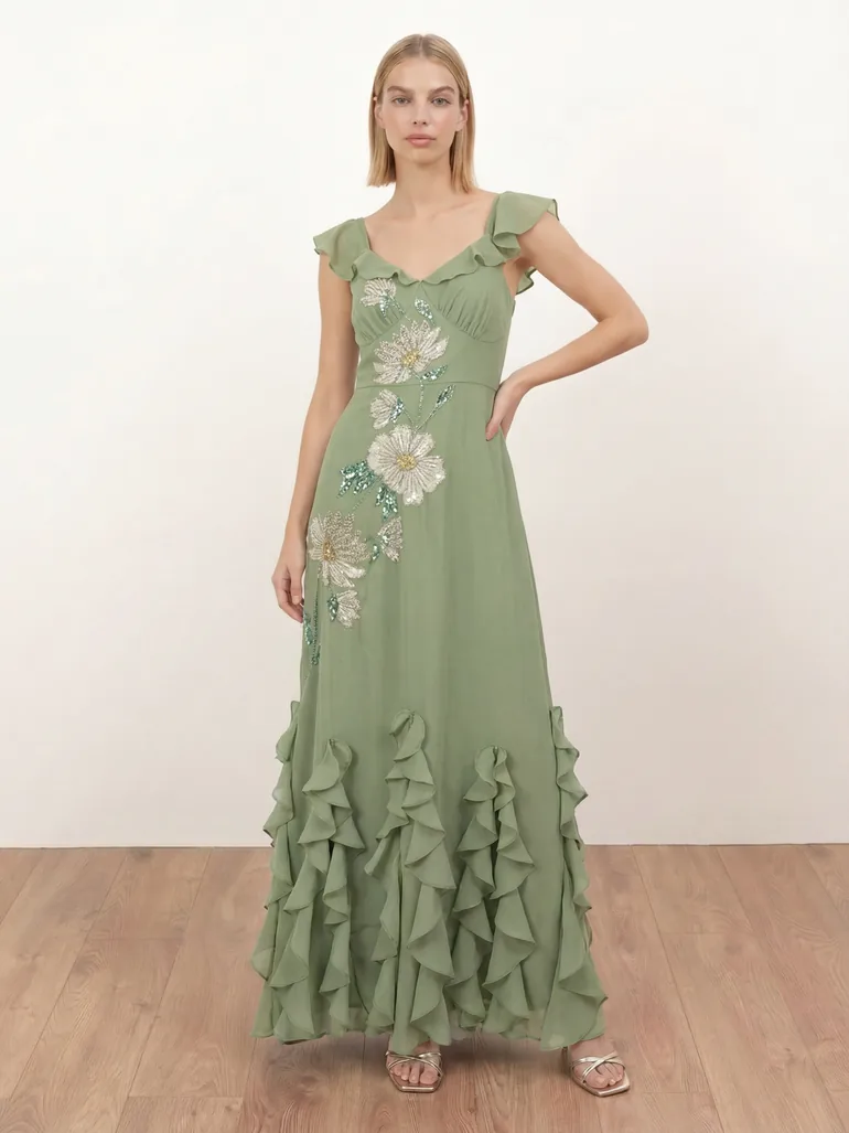 Maya Olive Sage Floral Embellished Waterfall Ruffle Maxi Dress
