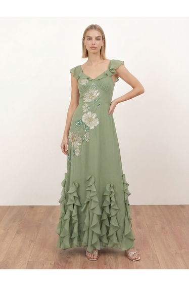 Maya Olive Sage Floral Embellished Waterfall Ruffle Maxi Dress