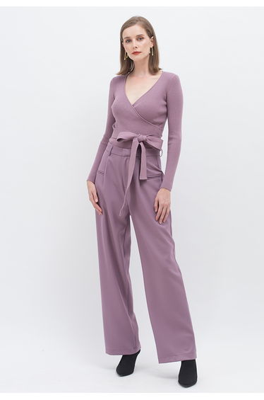V-Neck Tie-Waist Wrap Knit Top in Lilac