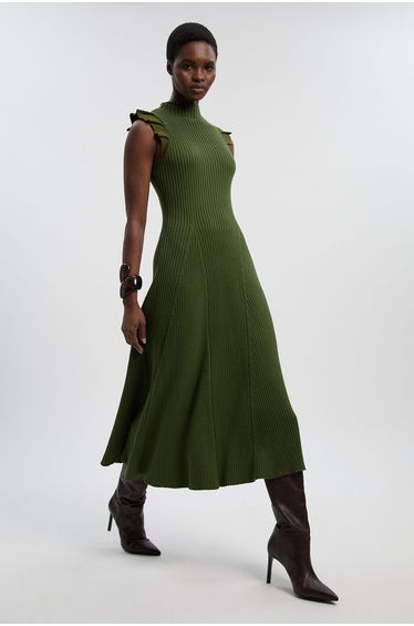 Pointelle Frill Sleeve Knit Midi Dress