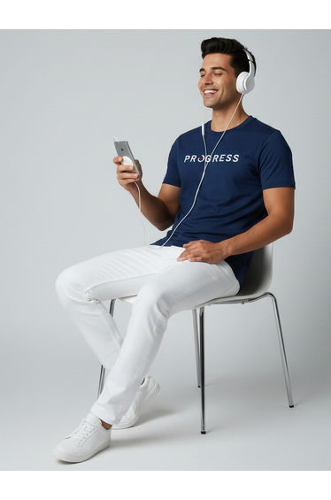 Men Navy Blue Crew Neck Graphic Print T-Shirt