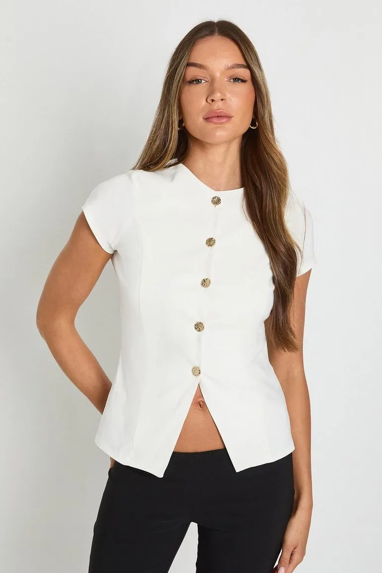 Bengaline Cap Sleeve Button Through Top - white - 1
