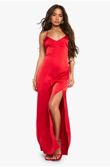 Satin Plunge Front Split Leg Maxi Dress - red