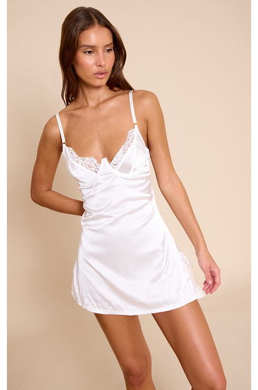White Lace Detail Underwired Satin Mini Dress