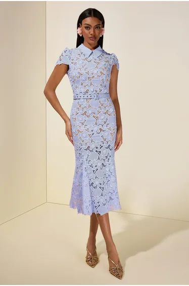 Lace Flapped Midi Dress With Belt