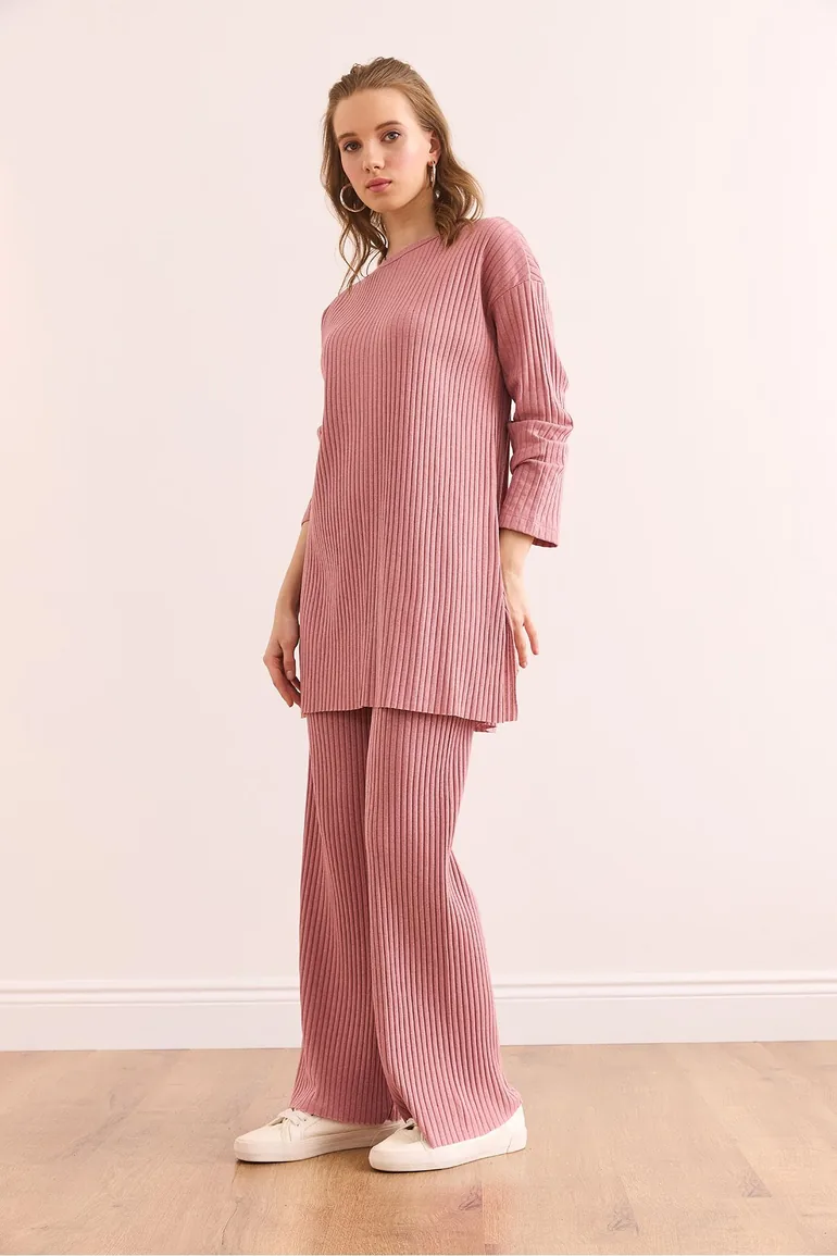 Women's Dried Rose Top with a slit blouse Bottom Palazzo Corduroy Suit - 3