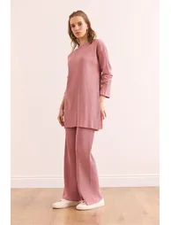Women's Dried Rose Top with a slit blouse Bottom Palazzo Corduroy Suit - 3