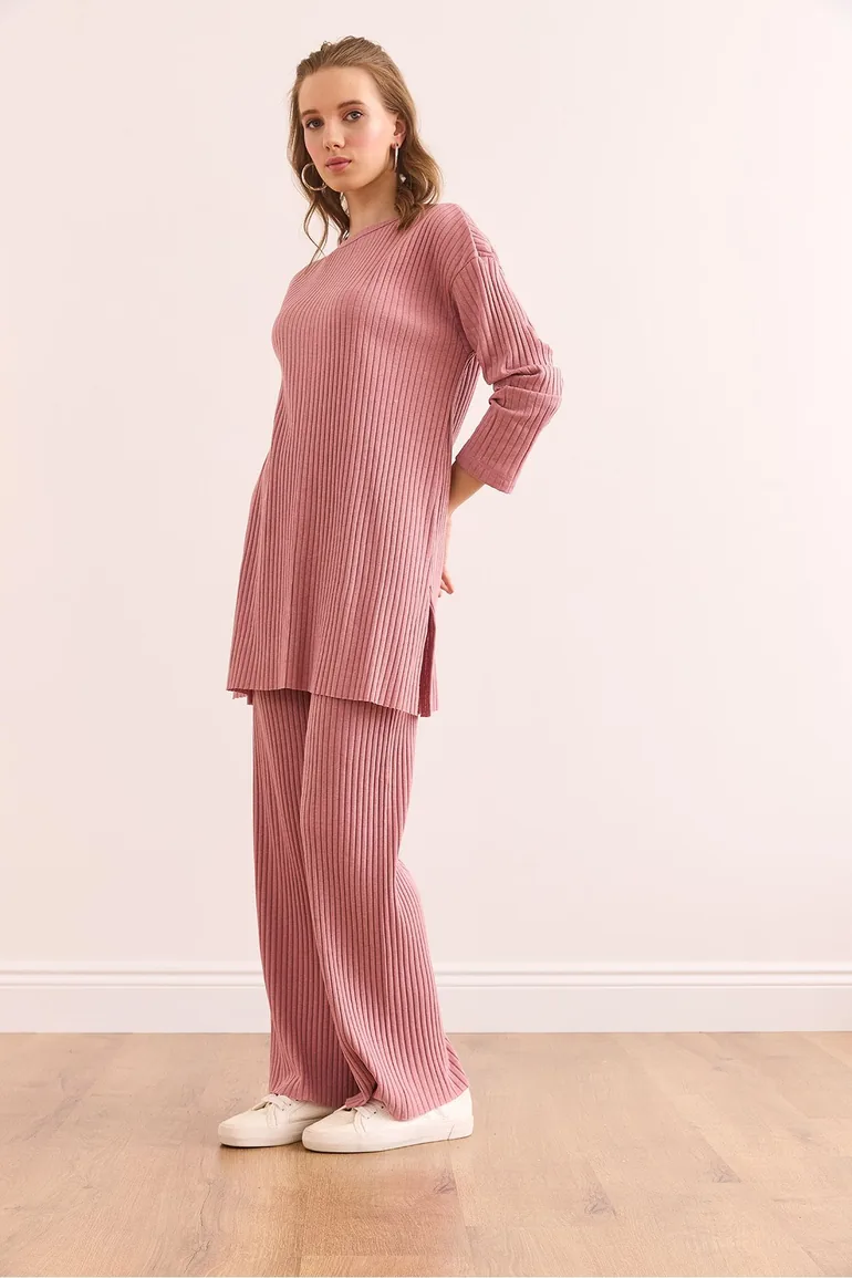 Women's Dried Rose Top with a slit blouse Bottom Palazzo Corduroy Suit - 1