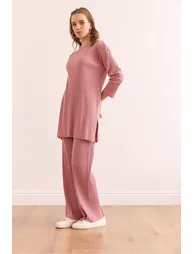 Women's Dried Rose Top with a slit blouse Bottom Palazzo Corduroy Suit - 1
