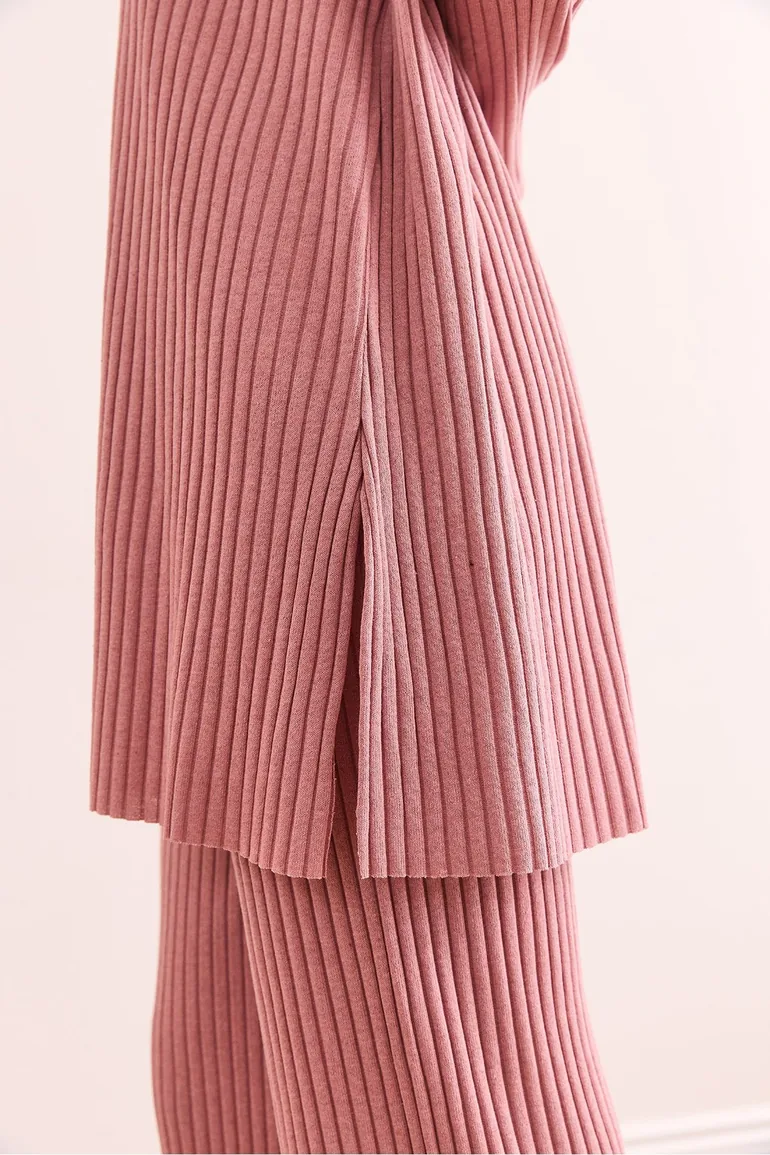 Women's Dried Rose Top with a slit blouse Bottom Palazzo Corduroy Suit - 5