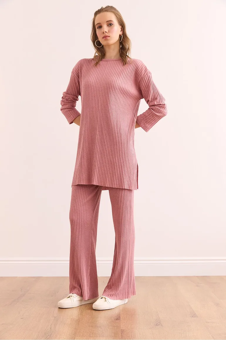 Women's Dried Rose Top with a slit blouse Bottom Palazzo Corduroy Suit - 2