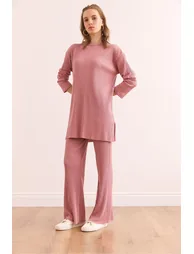 Women's Dried Rose Top with a slit blouse Bottom Palazzo Corduroy Suit - 2
