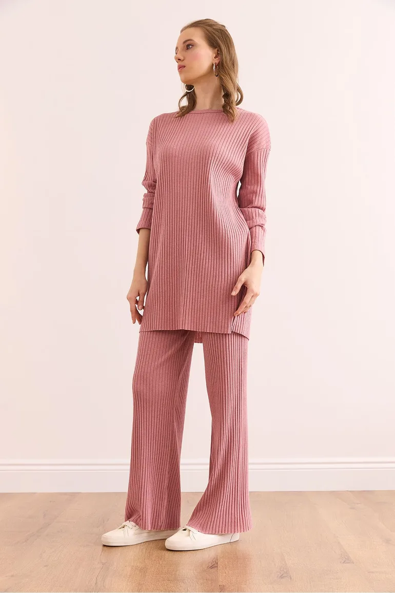 Women's Dried Rose Top with a slit blouse Bottom Palazzo Corduroy Suit - 4
