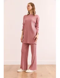 Women's Dried Rose Top with a slit blouse Bottom Palazzo Corduroy Suit - 4