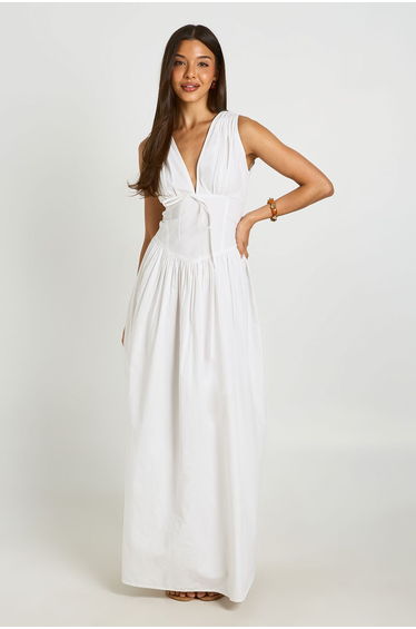 Cotton Poplin Deep V Cinched Waist Detail Maxi Dress - white