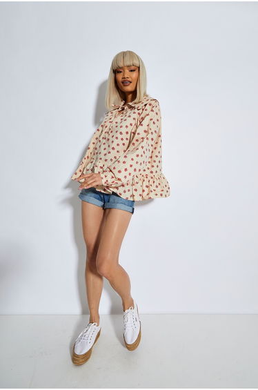 Glamorous Womens Stone Red Daisy Long Sleeve Blouse
