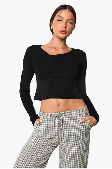 Rib Asymetric Neckline Long Sleeve Top - black