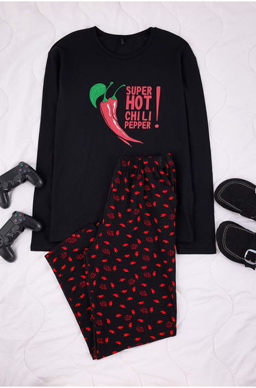 Black Regular Cut Pepper Printed Cotton Pocket Detail Long Knitted Pajama Set