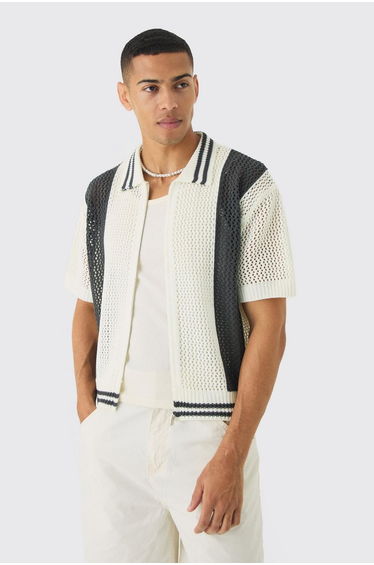 Oversized Boxy Open Stitch Zip Through Knitted Shirt - white