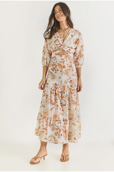 LUCCI V-Neck Flowering Maxi Dress with Bow