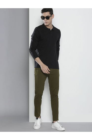 Men Olive Green Slim Fit Striped Chinos