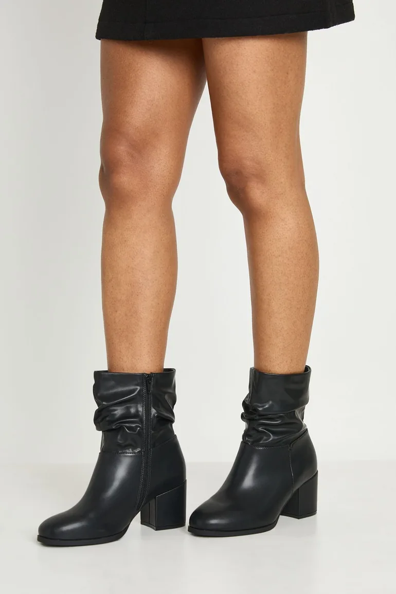 Extra Wide Fit Wider Calf Ruched Block Heel Ankle Boots - black