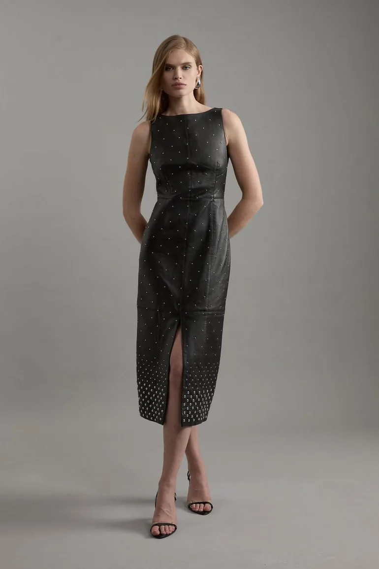 Shop Studded Leather Pencil Dress Online in Qatar