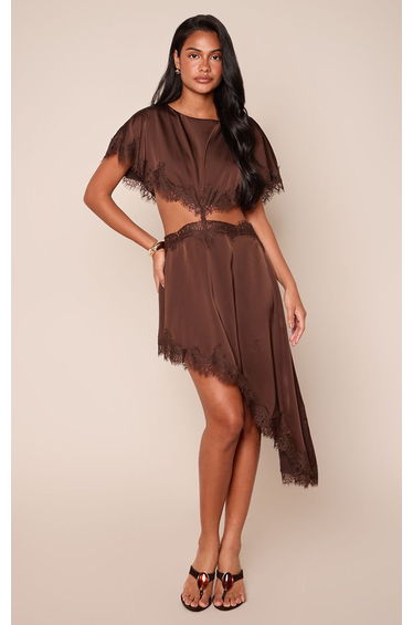 Chocolate Satin Lace Contrast Short Sleeve Asymmetric Hem Midaxi Dress