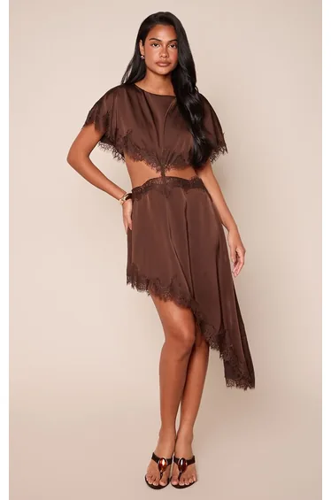 Chocolate Satin Lace Contrast Short Sleeve Asymmetric Hem Midaxi Dress