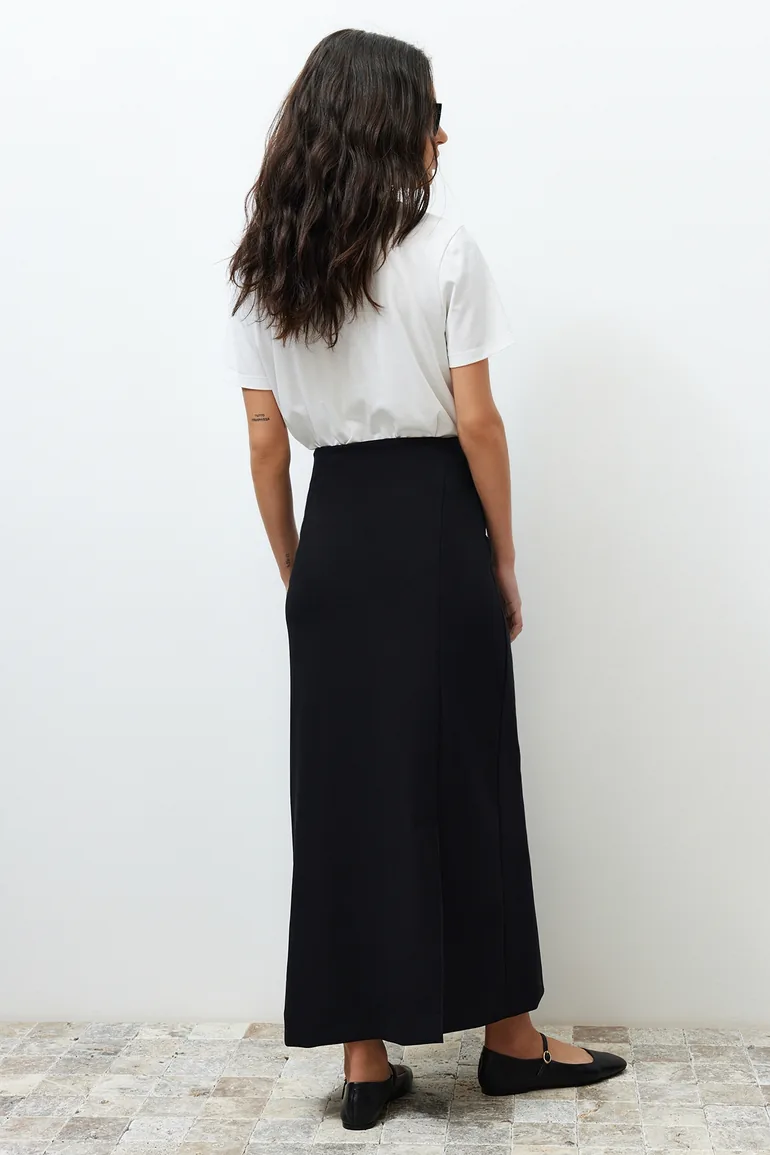 Black Woven Fabric Long Pencil Skirt - 2