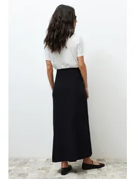 Black Woven Fabric Long Pencil Skirt - 2