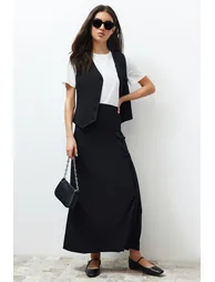 Black Woven Fabric Long Pencil Skirt - 1