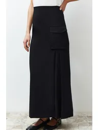 Black Woven Fabric Long Pencil Skirt - 6