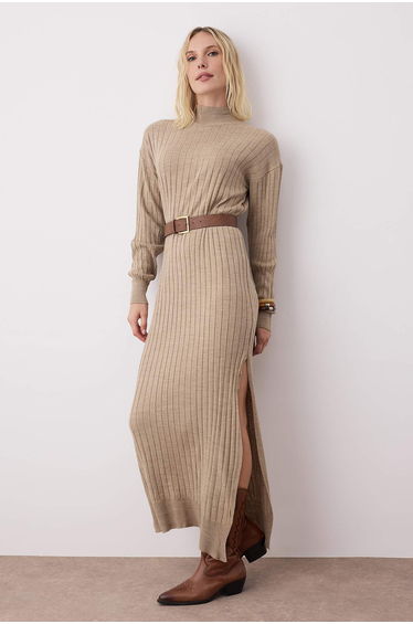 Beige Plain Midi Slit Detail Belted Knitwear Long Dress