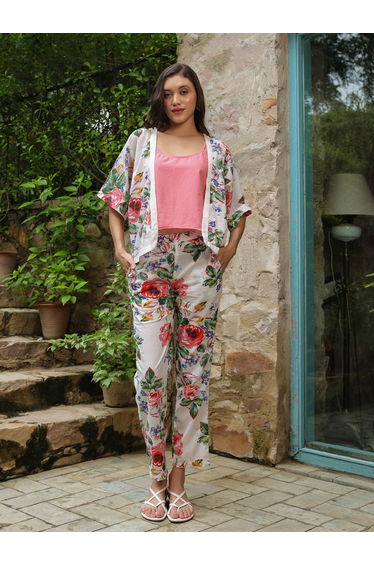 Pack of 3 - Cotton Floral Top, Solid Cami and Pants Set