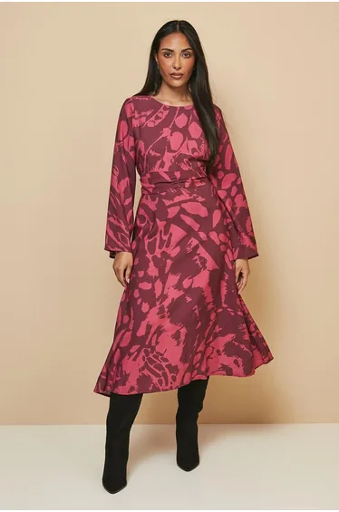 Petite Floral Flute Sleeve Tie Midi Dress