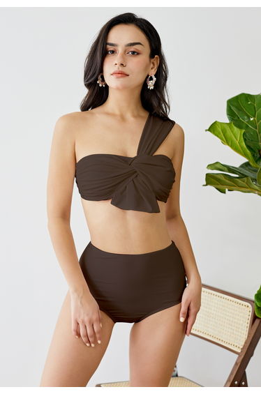 Sweet Knot One-Shoulder Bikini Set in Brown