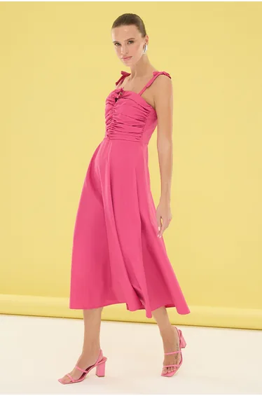 Fuchsia Straight A Cut Bow Detailed  Woven Dress